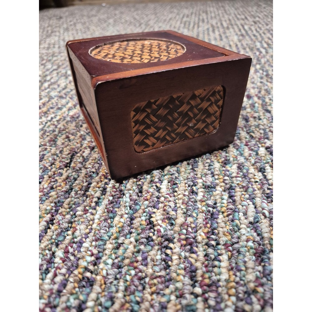 Vintage Wood and Woven Rattan Coaster Set‎ w Matching Holder 6 Piece Boho Decor